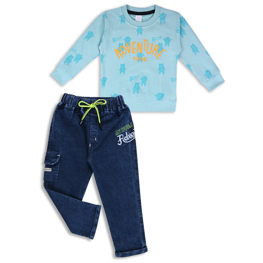 Boys Printed Sweatshirt and Jean Set - Blue (Style 4)