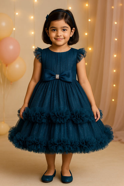 Girls Bow Layered Net Flared Party Dress