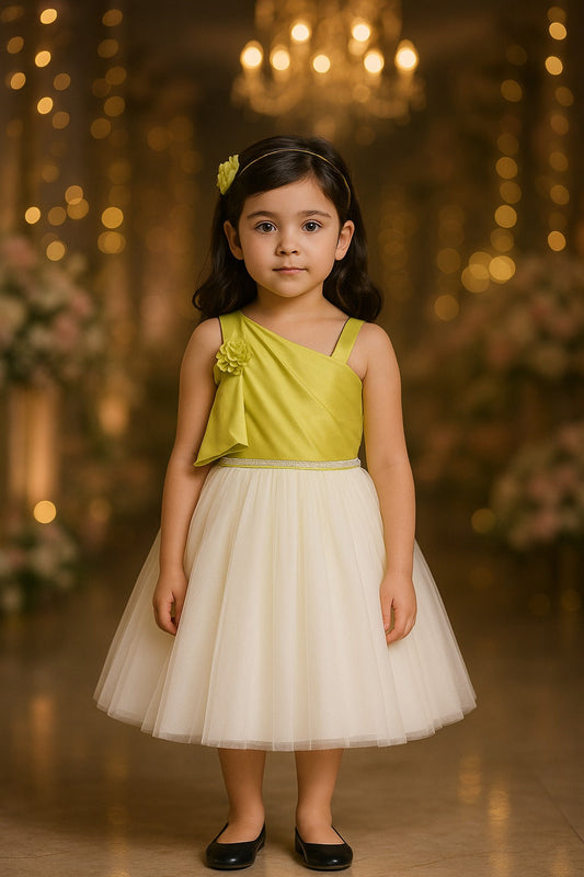 Girls One Shoulder Floral Lime Green Tulle Party Dress