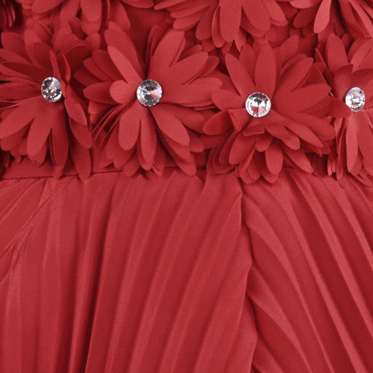 Elegant Red Floral Embellished Satin Party Dress for Girls