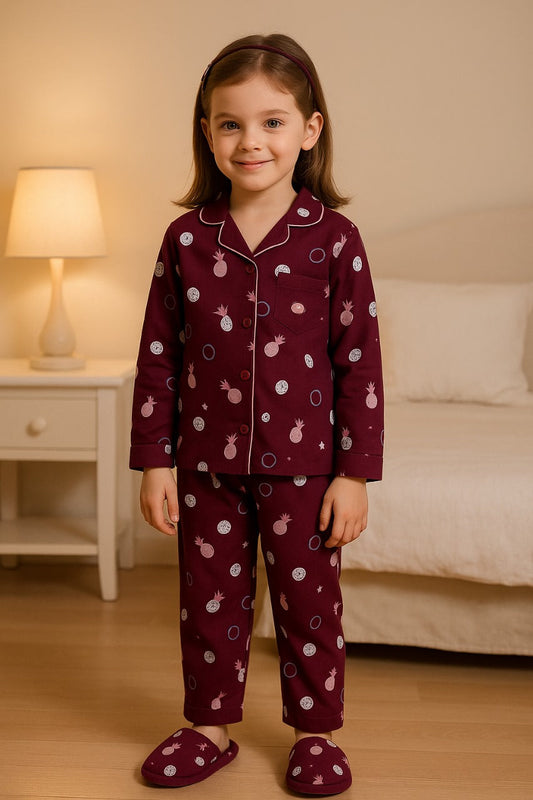 Printed Top and Bottom Pyjamas Night Suit - Maroon