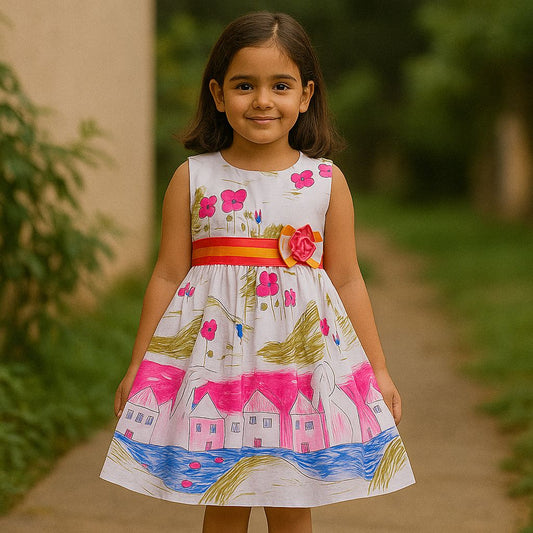 Girls Pure Cotton Printed Summer Casual Dress - Pink Floral