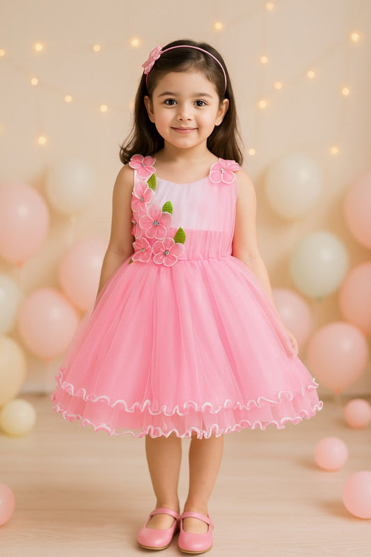 Girls Knee Length A-Line Frock Dress - Baby Pink