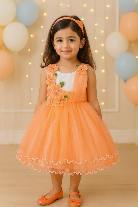 Girls Knee Length A-Line Frock Dress - Peach