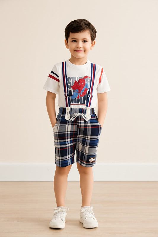 Boys Spiderman Printed Cotton Dungaree Set