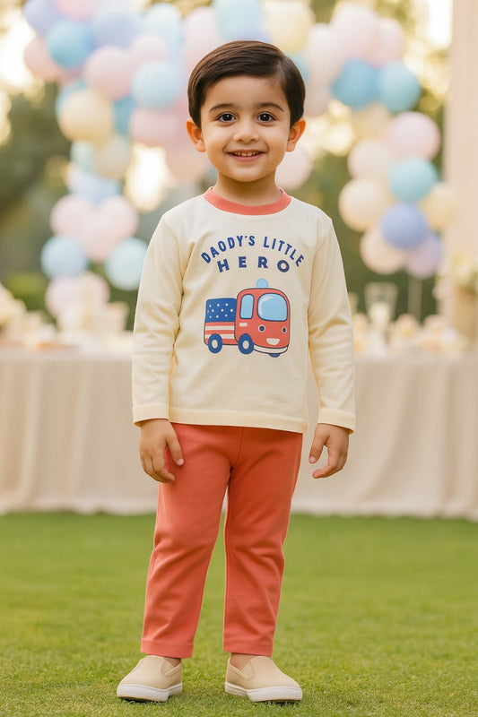 Boys Printed T-Shirt and Track Pant Set - Cream (Older)