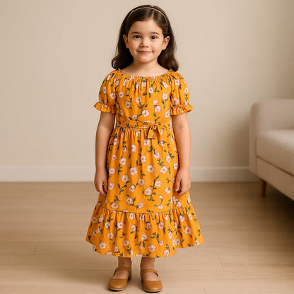 Girls Printed Summer Dress with Puff Sleeves & Gathered Neck