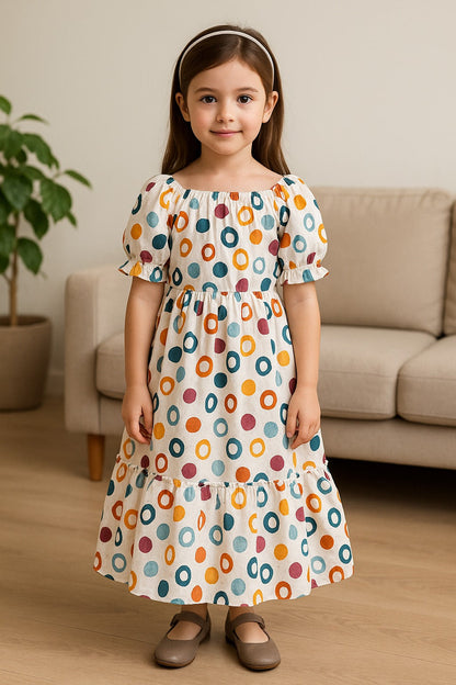 Girls Printed Summer Dress with Puff Sleeves & Gathered Neck