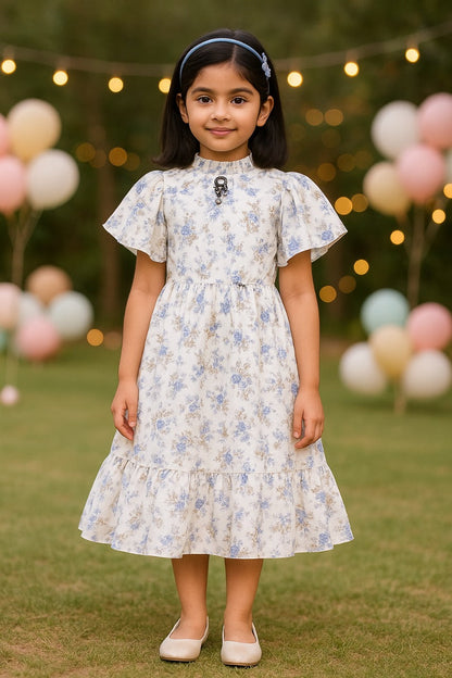 Girls Floral Print Flutter Sleeve Casual Dress