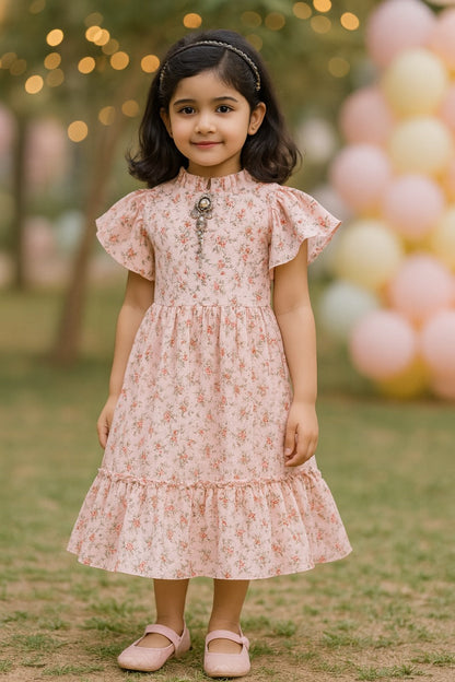 Girls Floral Print Flutter Sleeve Casual Dress