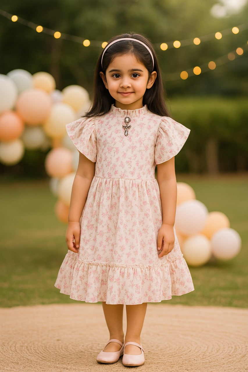 Girls Floral Print Flutter Sleeve Casual Dress
