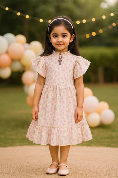 Girls Floral Print Flutter Sleeve Casual Dress