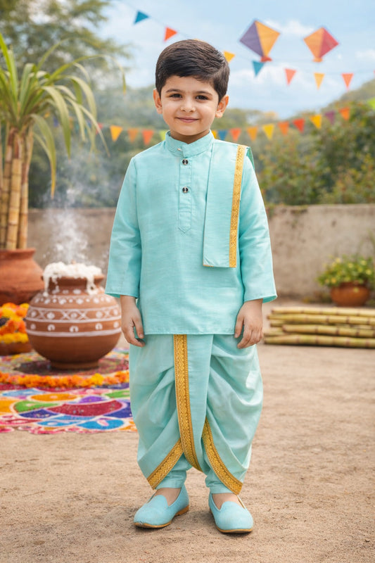 Boys Traditional Art Silk Kurta and Dhoti Set â€“ Gold Detailing