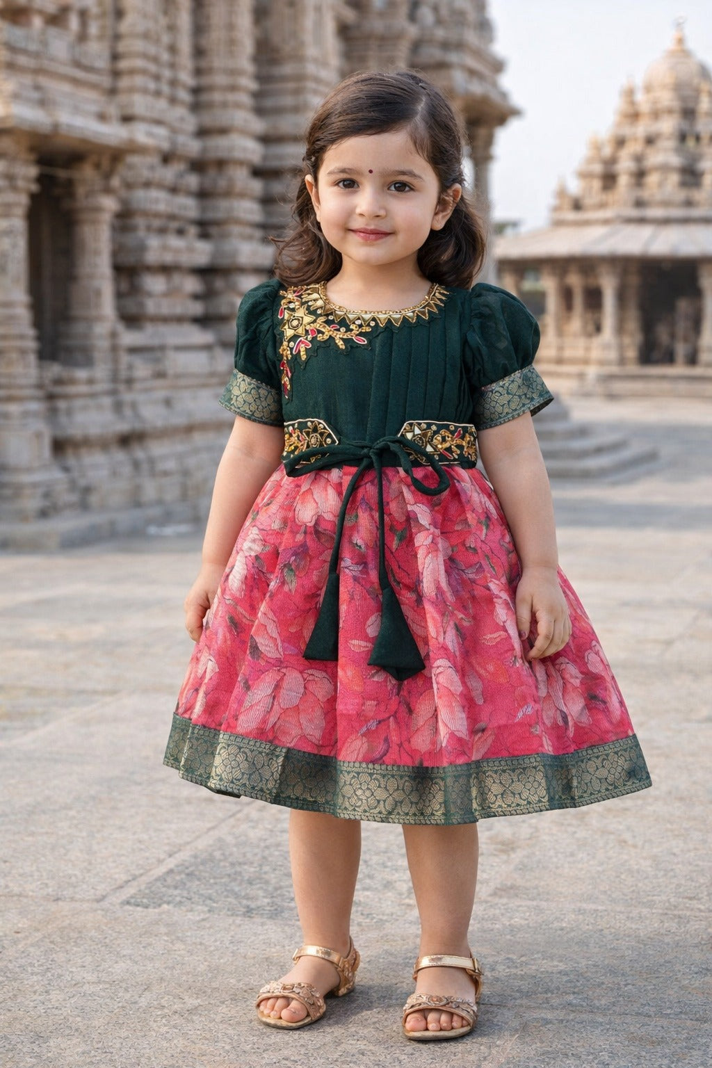 Girls Bead Embellished Floral Zari Ethnic Dress fep3529