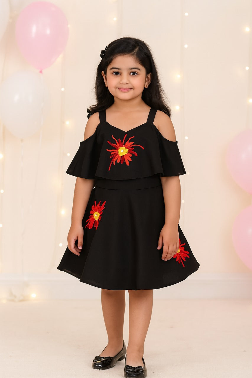 Girls Black Embroidered Overlay Dress