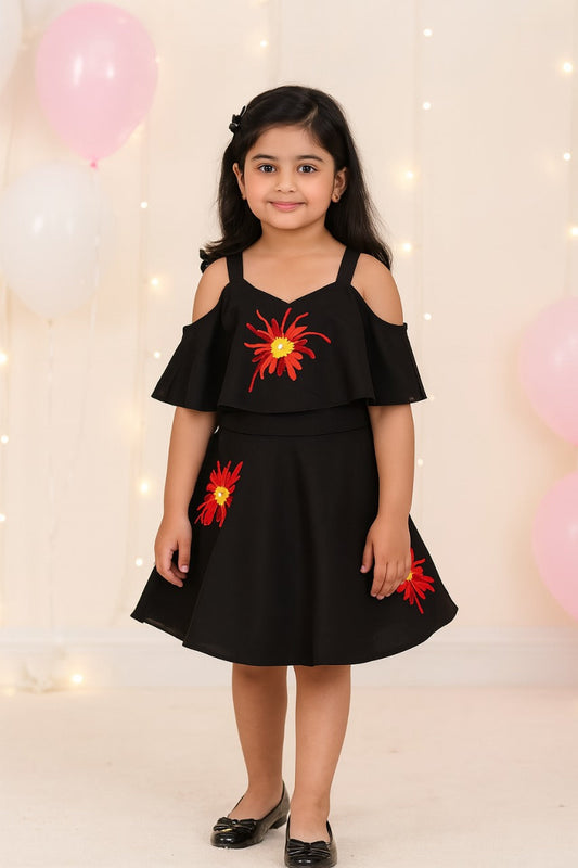 Girls Black Embroidered Overlay Dress