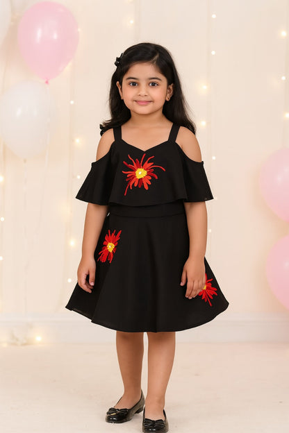 Girls Black Embroidered Overlay Dress