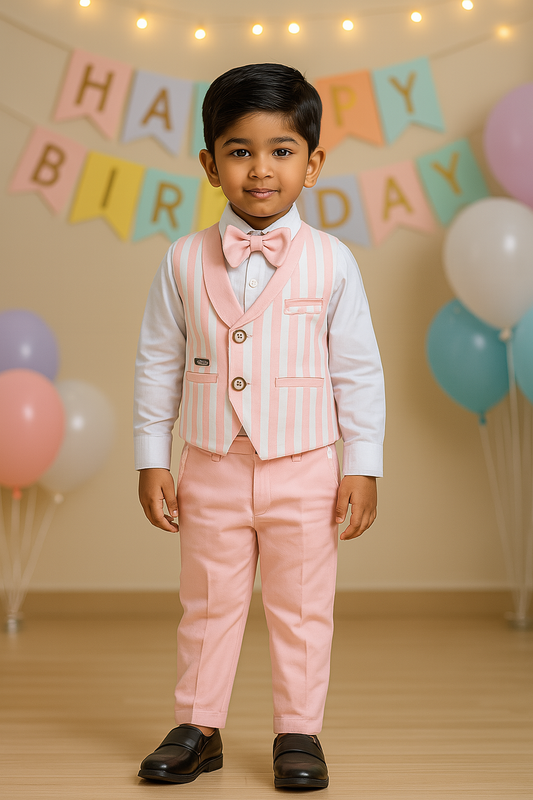 Boys Striped Shirt Set with Sleeveless Waistcoat - Baby Pink