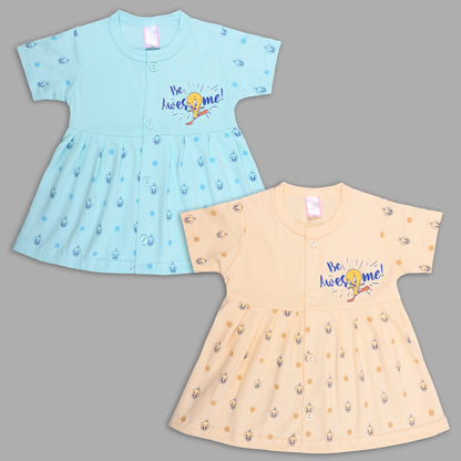 Baby Girls Hosiery Cotton Printed Frock Dress Combo (Pack of 2) – Pink & Cream Cartoon Print