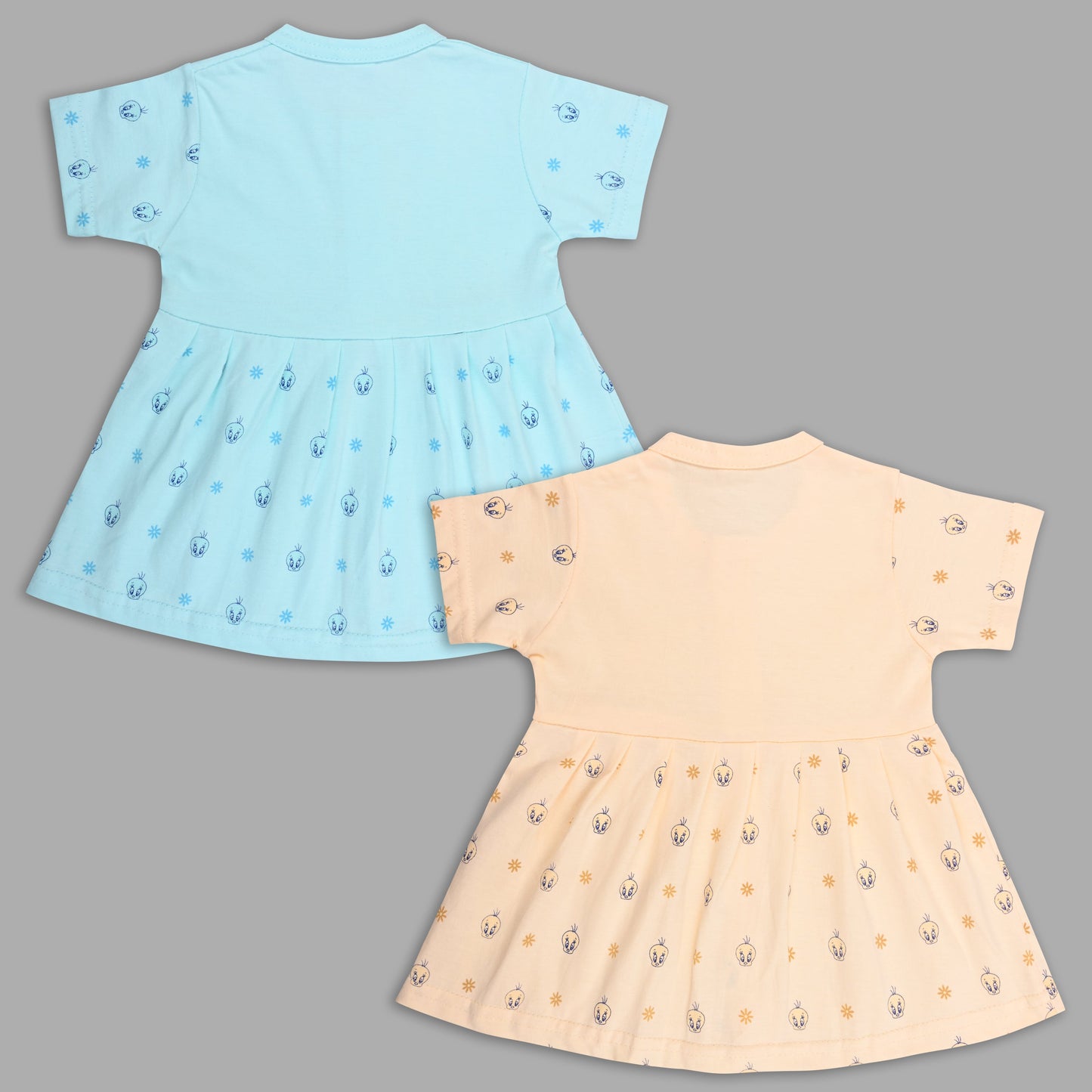 Baby Girls Hosiery Cotton Printed Frock Dress Combo (Pack of 2) – Pink & Cream Cartoon Print