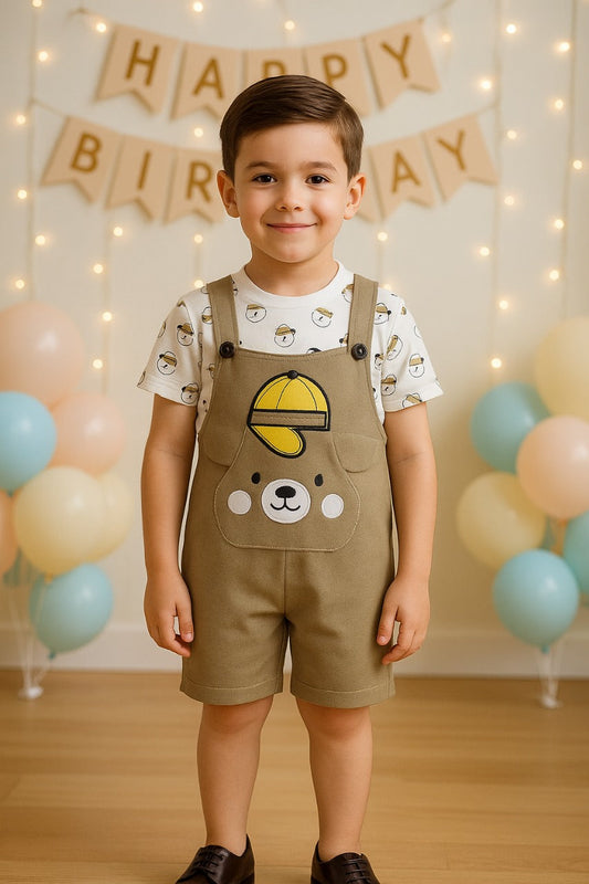 Boys Summer Conversational Printed Dungaree Set - Brown