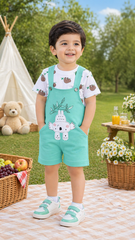 Boys Cotton Cartoon Tshirt and Dungaree Set