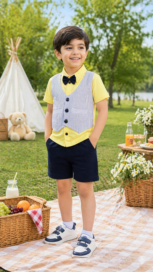 Baby Boys Cotton Striped T-Shirt and Shorts Set - Yellow