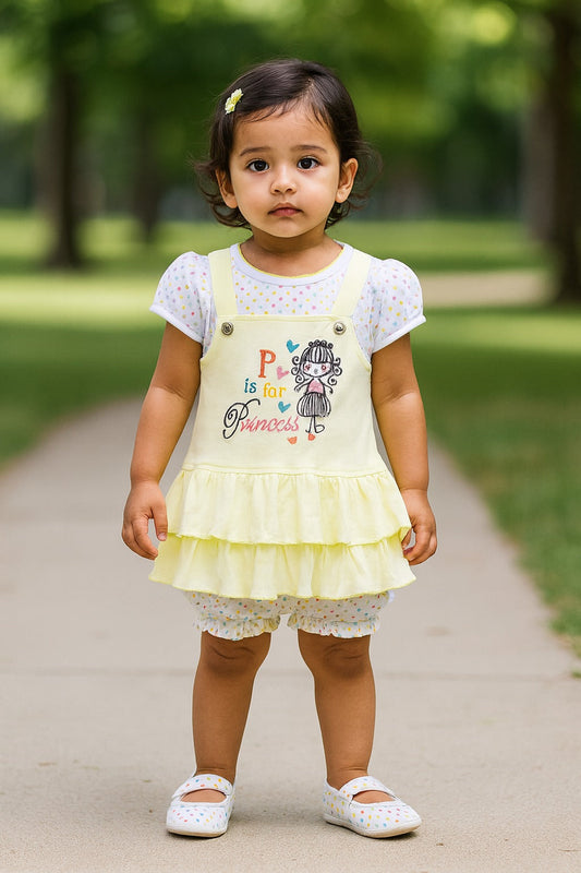 Girls Embroidered Puff Sleeve Frock with Brief - Lemon Yellow