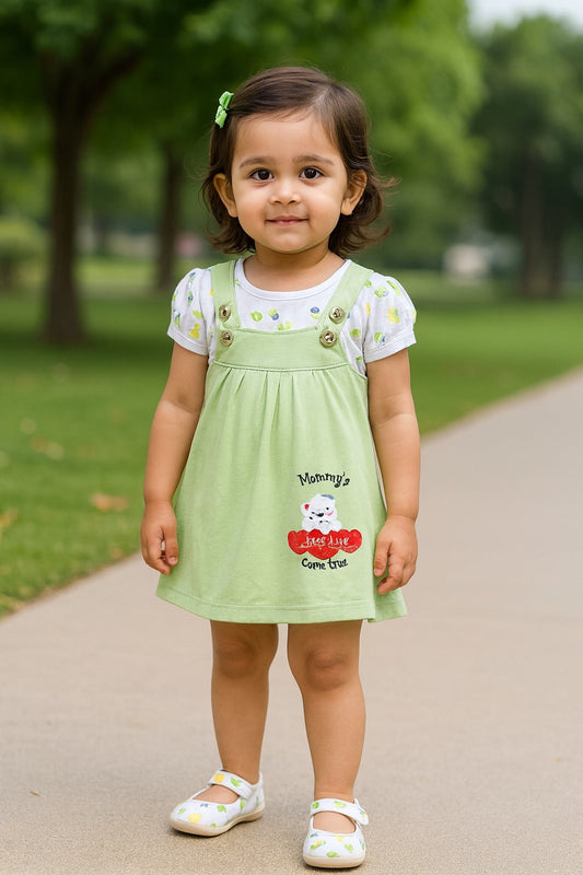 Girls Embroidered Puff Sleeve Frock with Brief - Green