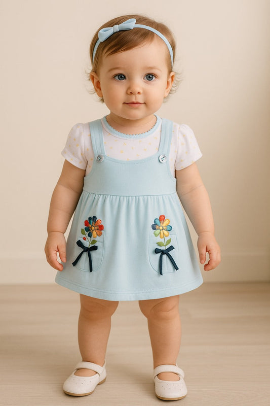 Girls Embroidered Polka Print Frock with Brief - Light Green