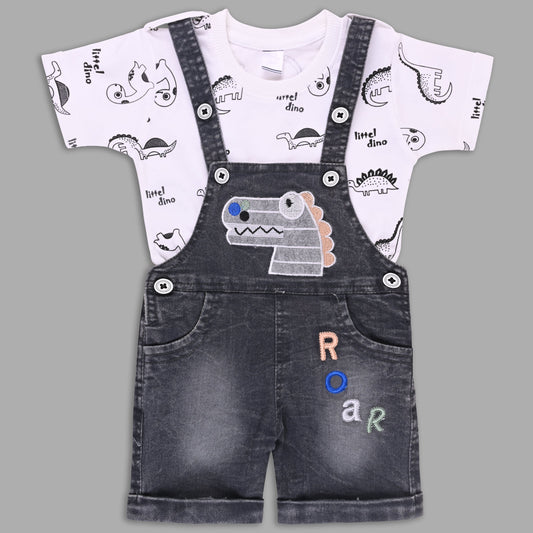 Boys Striped T-Shirt and Denim Dungaree Set - Dark Grey