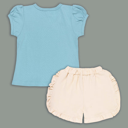 Girls Cat Print Cotton T-shirt and Ruffle Shorts Set
