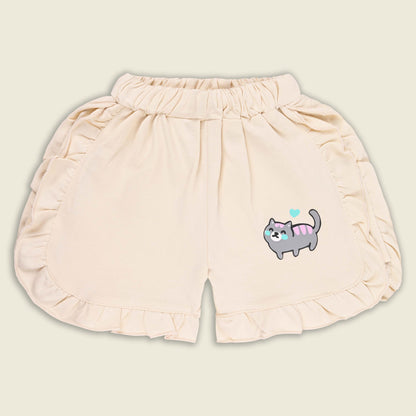 Girls Cat Print Cotton T-shirt and Ruffle Shorts Set