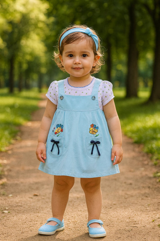 Baby Girls Embroidered A-Line Frock with Brief - Light Blue