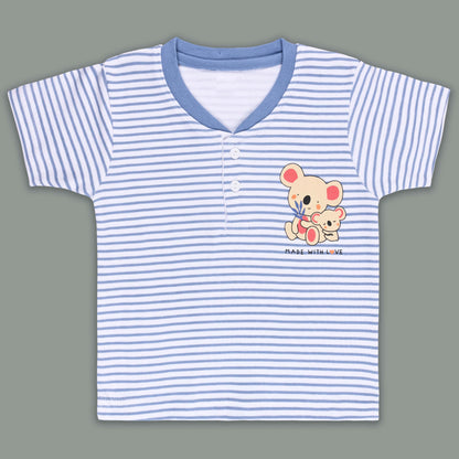 Boys Striped Teddy Print Cotton T-shirt and Shorts Set
