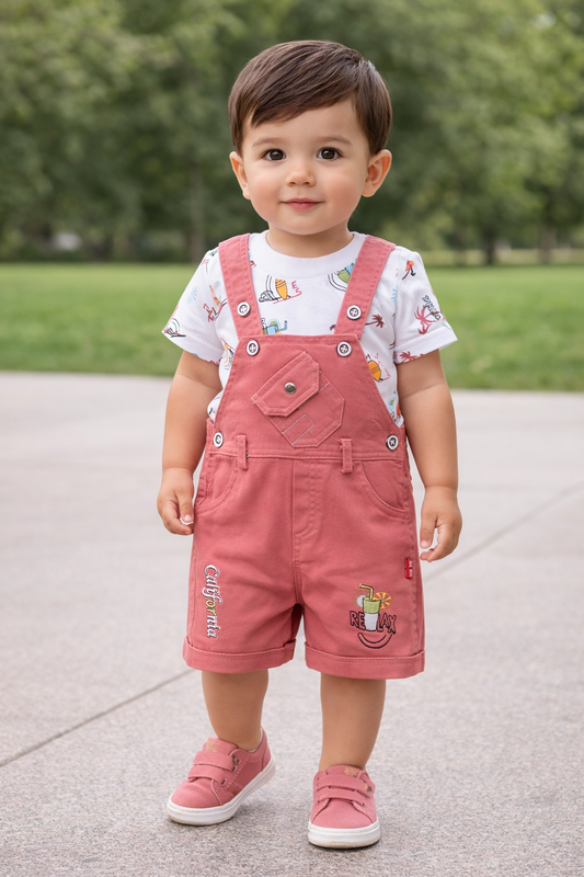 Baby Boys Graphic Print T-Shirt and Shorts Dungaree Set - Burgundy