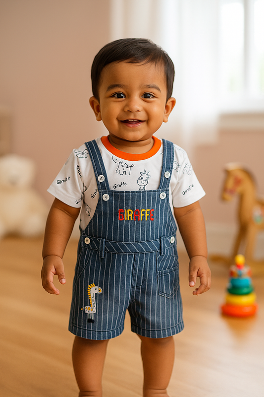 Baby Boys Animal Print T-Shirt and Shorts Dungaree Set - White & Red