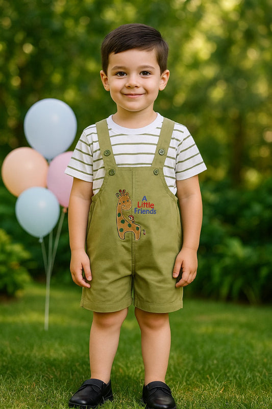 Baby Boys Striped T-Shirt and Shorts Dungaree Set - Green