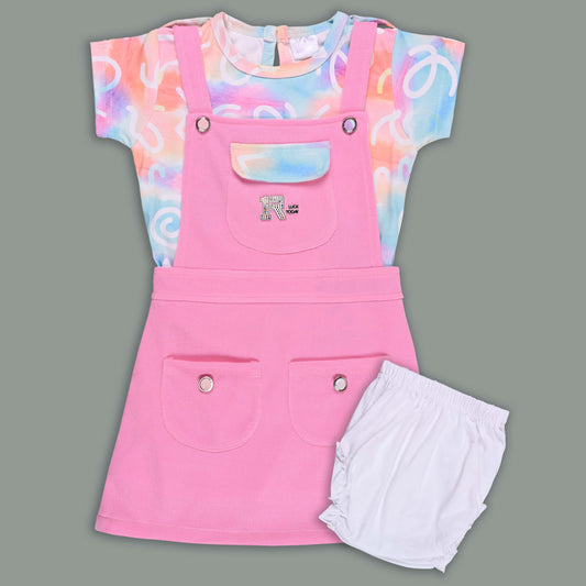 Girls Printed Top and Shorts Dungaree Set - Baby Pink
