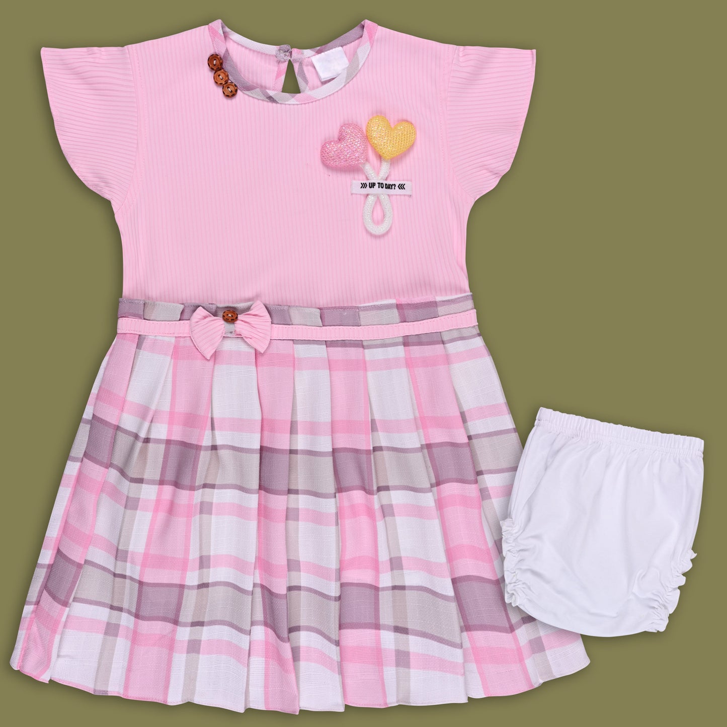 Girls Checkered Heart Print Dress with Bow Detail & Briefs Set