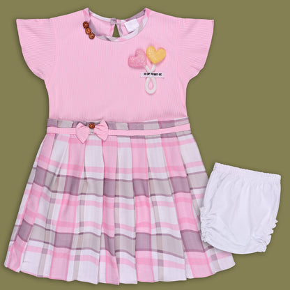 Girls Checkered Heart Print Dress with Bow Detail & Briefs Set
