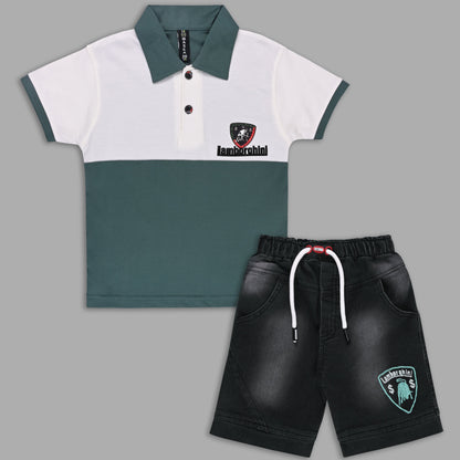 Boys Colorblock Cotton Polo T-shirt with Denim Shorts