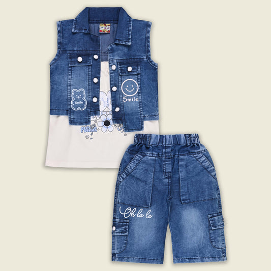 Girls Spaghetti Top and Jeans with Denim Jacket - White