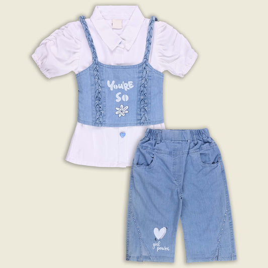 Girls Denim Crop Top and Jeans with Shirt Set - White