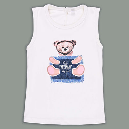 Girls Teddy Print Cotton Tshirt and Denim Jeans with Jacket Set