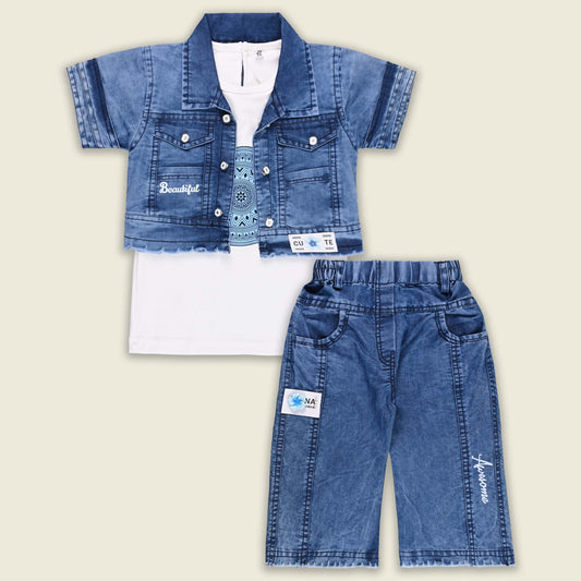 Girls Cotton Tank Top and Denim Jeans with Jacket Set - White