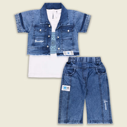 Girls Printed Cotton Tank top and Denim Jeans with Jacket Set
