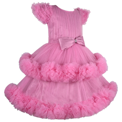 Girls Bow Layered Net Flared Party Dress