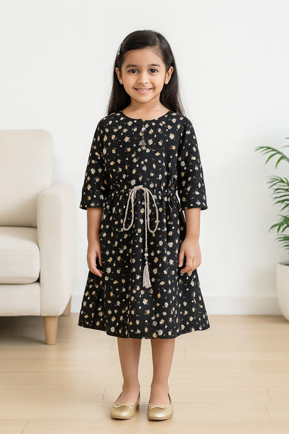 Girls Floral Print Flared Sleeve Casual Dress