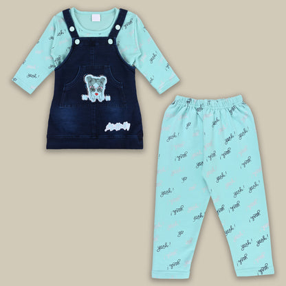 Baby Girls Hosiery Cotton Dungaree Set â€“ Denim Look with Full Sleeves & Leggings